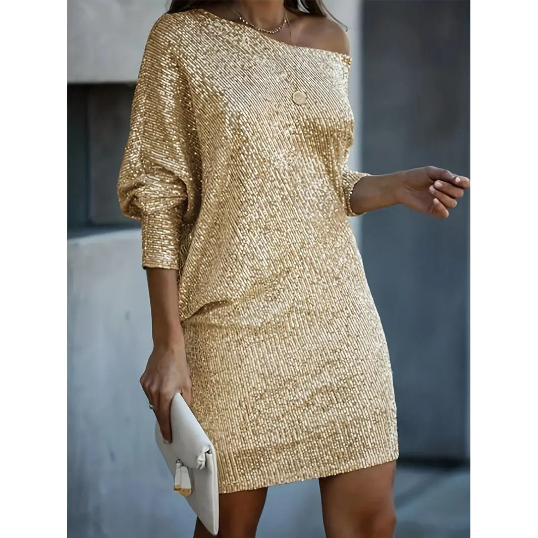 Contrast Sequin Solid Dress Party Wear V Neck Long Sleeve Dress Womens Clothing Image 3