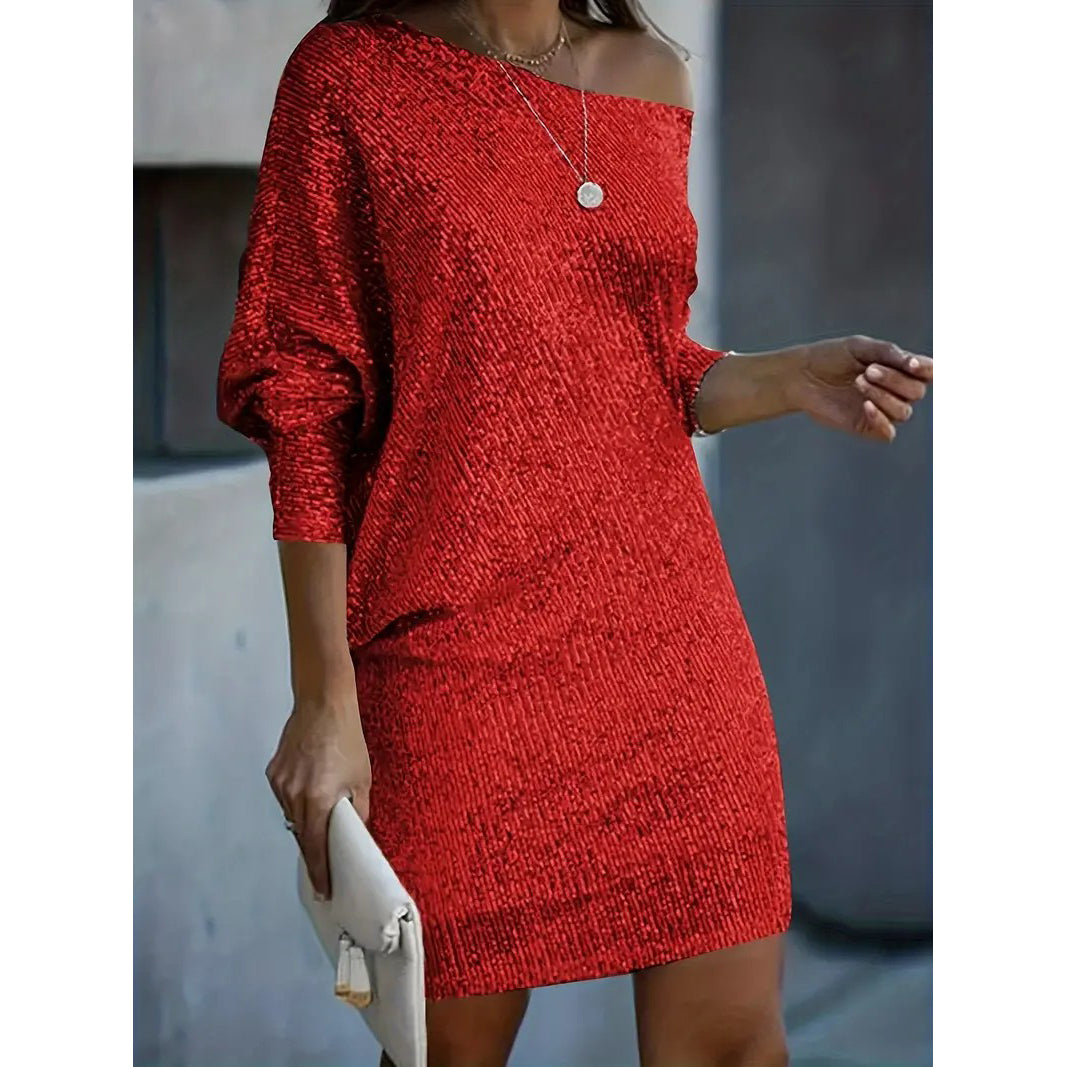Contrast Sequin Solid Dress Party Wear V Neck Long Sleeve Dress Womens Clothing Image 4