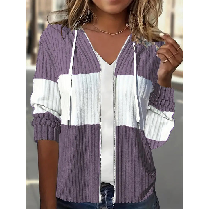 Color Block Zip Up Drawstring Hoodie Casual Long Sleeve Rib Knit Sweatshirt Womens Clothing Image 3