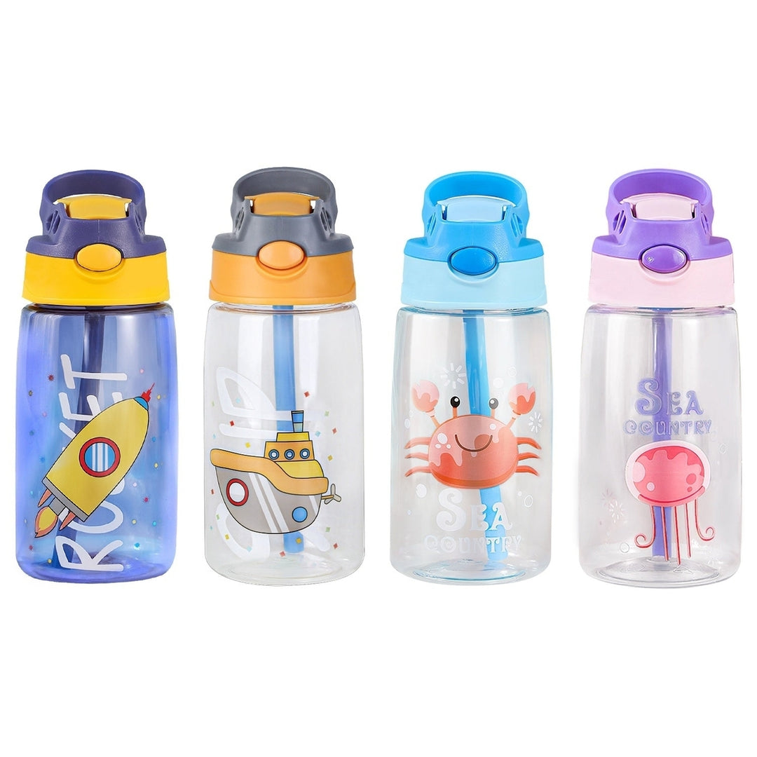 16.2Oz Leak-proof Kids Water Bottle with Straw Push Button Sport Water Bottle for Kids Crab Ship Jellyfish Rocket Image 1