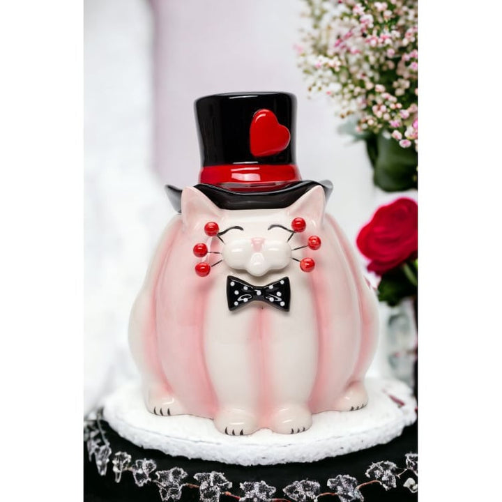 Ceramic Valentine Cat Candy Jar 5 1/4" Romantic Decor Image 1