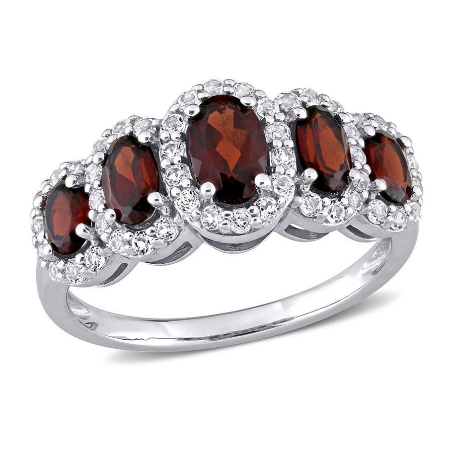 2.00 Carat (ctw) Garnet Five Stone Ring in 10K White Gold with White Topaz Image 1