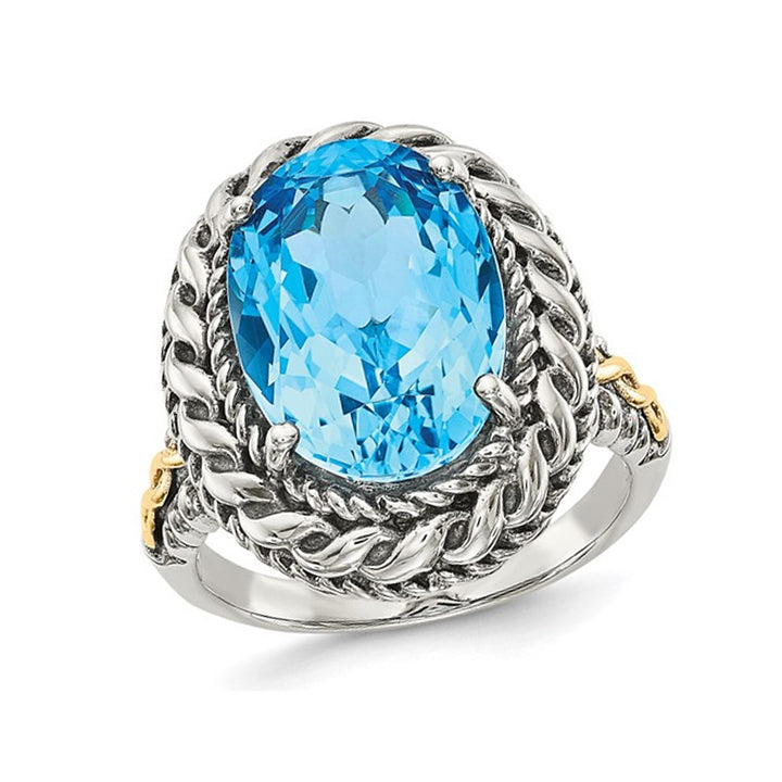 6.60 Carat (ctw) Blue Topaz Ring in Antiqued Sterling Silver with 14K Gold Accent Hearts Image 1