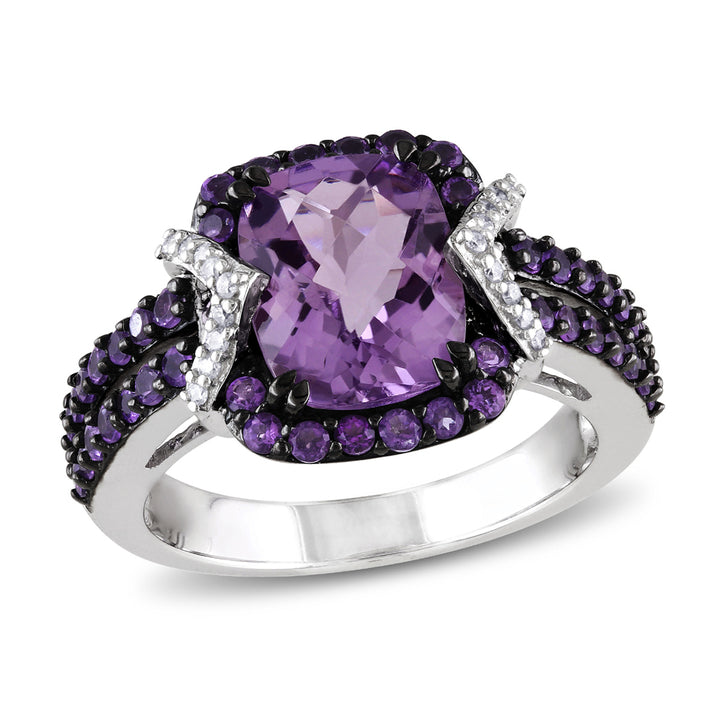 3.34 Carat (ctw) Amethyst Halo Ring with Diamonds Accents in Sterling Silver Image 1