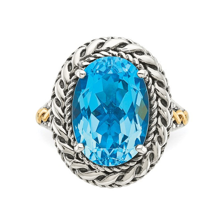 6.60 Carat (ctw) Blue Topaz Ring in Antiqued Sterling Silver with 14K Gold Accent Hearts Image 2