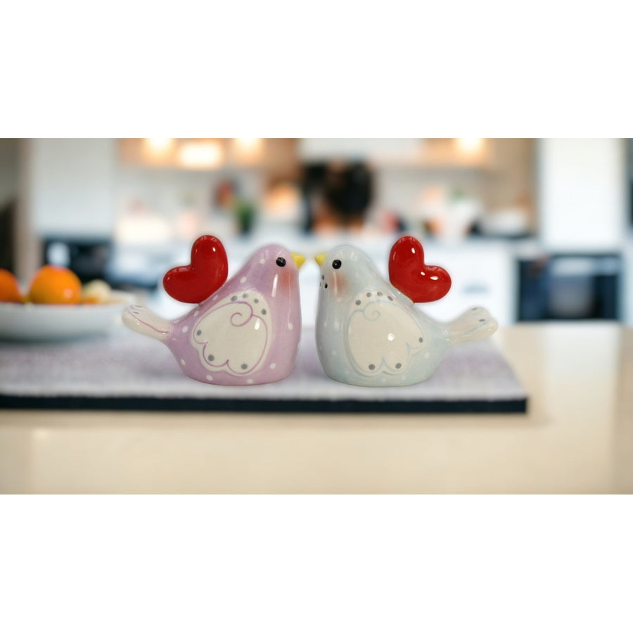 Ceramic Bird Salt and Pepper Shakers Heart Design 3.5 Inch Gift Image 1