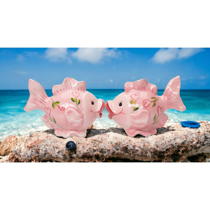 Ceramic Pink Fish Salt and Pepper Shakers Hearts 3 7/8 inch Gift Image 1