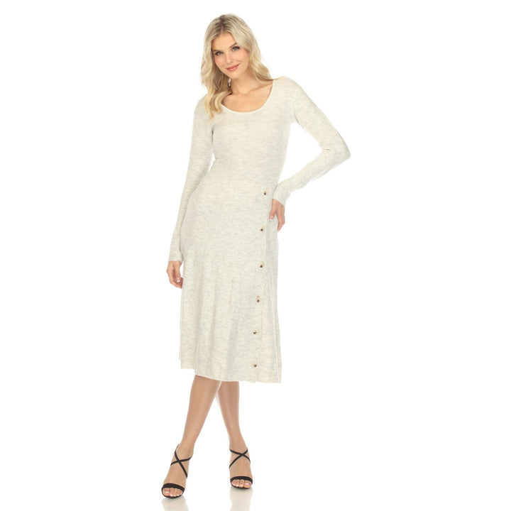 White Mark Womens Long Sleeve Midi Sweater Dress Scoop Neck Button Detail Small Image 1