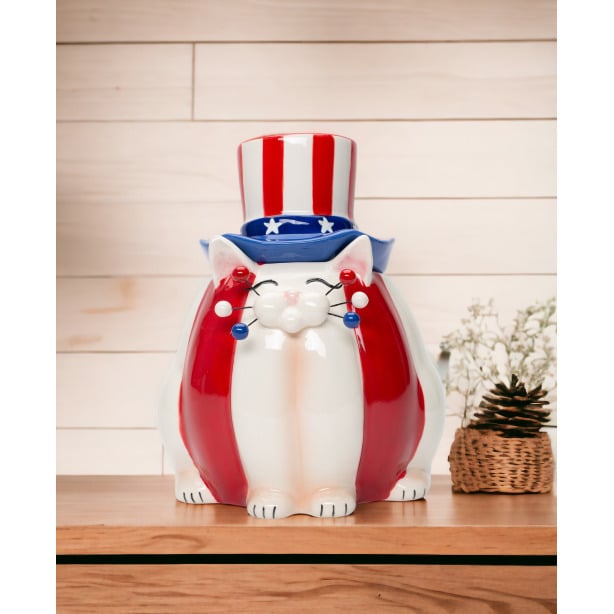 Ceramic American Cat Candy Box 6.5 Inch Patriot Decor Kitchen Gift for Cat Image 1