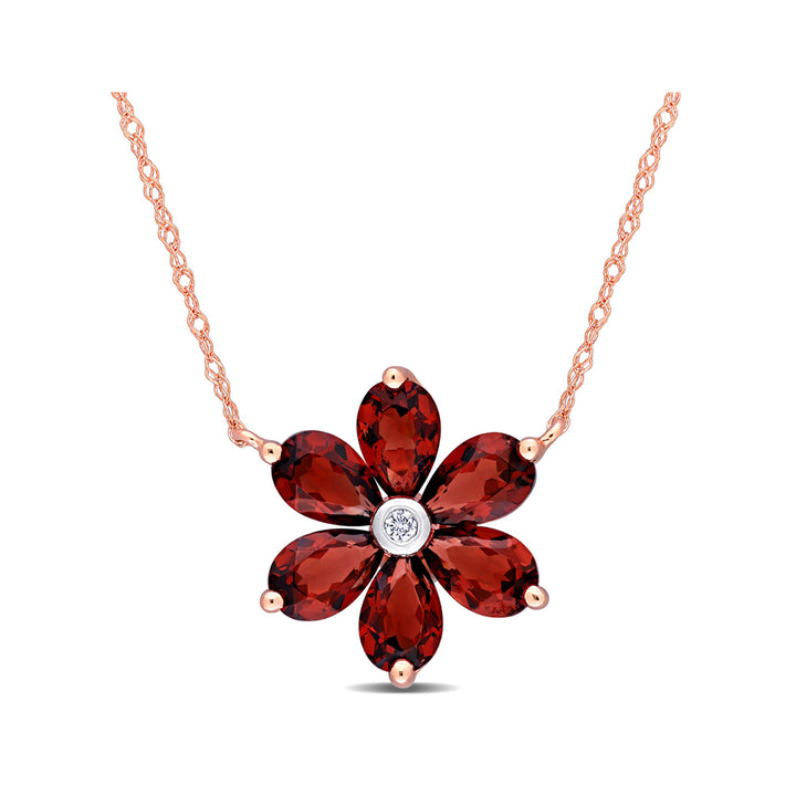 3.00 Carat (ctw) Garnet Flower Pendant Necklace in 10K Rose Gold with Chain Image 1