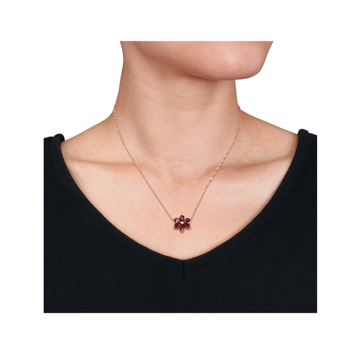 3.00 Carat (ctw) Garnet Flower Pendant Necklace in 10K Rose Gold with Chain Image 2