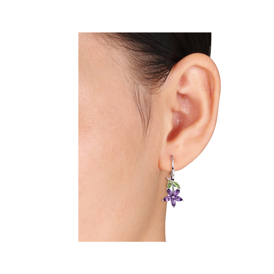 1.84 Carat (ctw) Amethyst & Peridot Flower Dangle Earrings in Sterling Silver Image 3