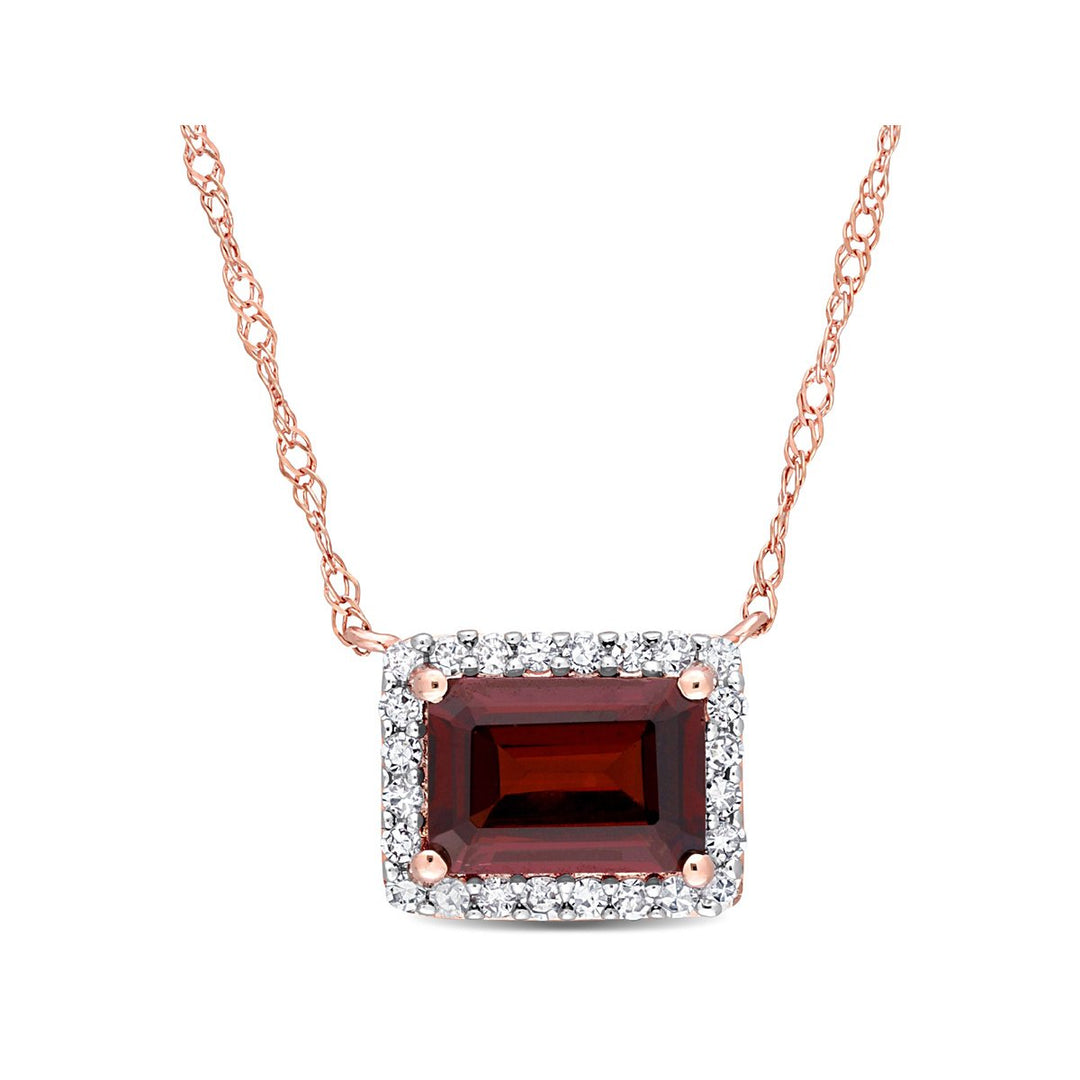 1.25 Carat (ctw) Octagon Garnet Pendant Necklace in 14K Rose Gold with Chain and Diamonds Image 1