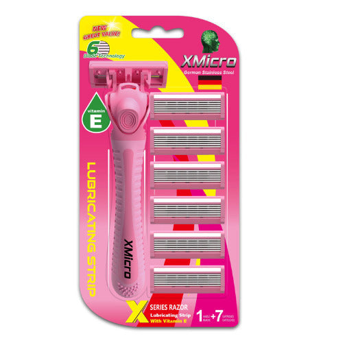 XMicro Pink Razors For Women, 1 Razor, 7 Blade Refills With German Stainless Steel, Lubricated With Vitamin E, Aloe For Image 2