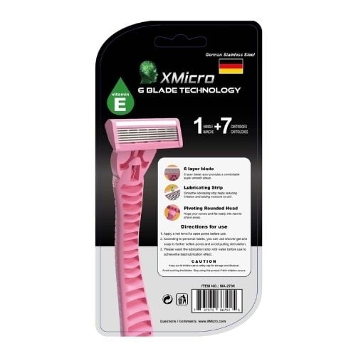 XMicro Pink Razors For Women, 1 Razor, 7 Blade Refills With German Stainless Steel, Lubricated With Vitamin E, Aloe For Image 2