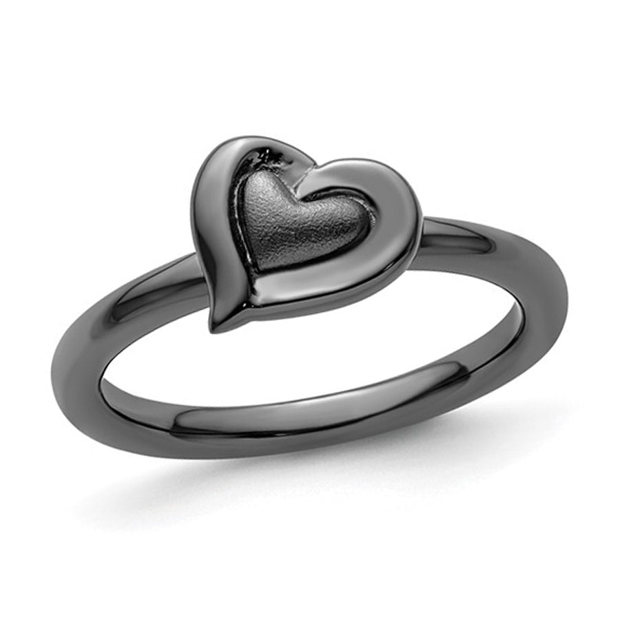 Black Plated Sterling Silver Heart Ring Image 1