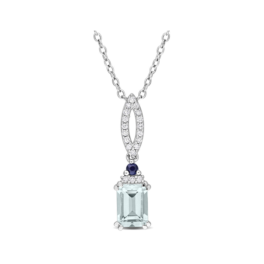 1.00 Carat (ctw) Aquamarine and Blue Sapphire Pendant Necklace in Sterling Silver with Chain Image 1