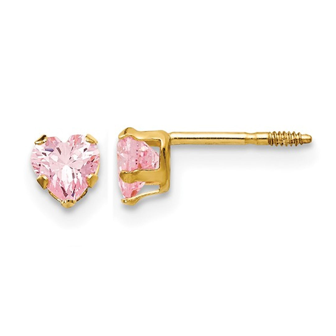 4mm Heart Shaped Pink Cubic Zirconia (CZ) Solitaire Stud Earrings in 14K Yellow Gold Image 1