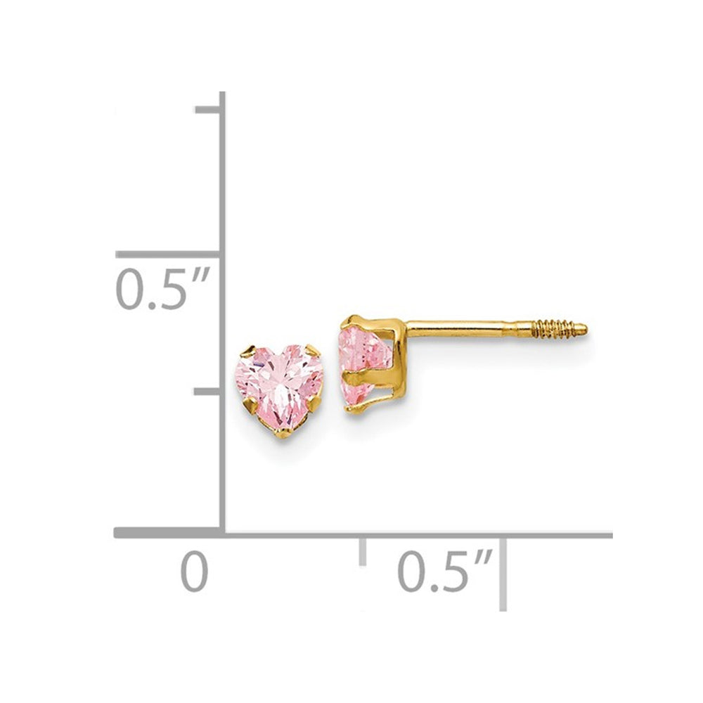 4mm Heart Shaped Pink Cubic Zirconia (CZ) Solitaire Stud Earrings in 14K Yellow Gold Image 2