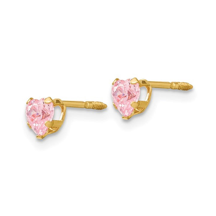 4mm Heart Shaped Pink Cubic Zirconia (CZ) Solitaire Stud Earrings in 14K Yellow Gold Image 4