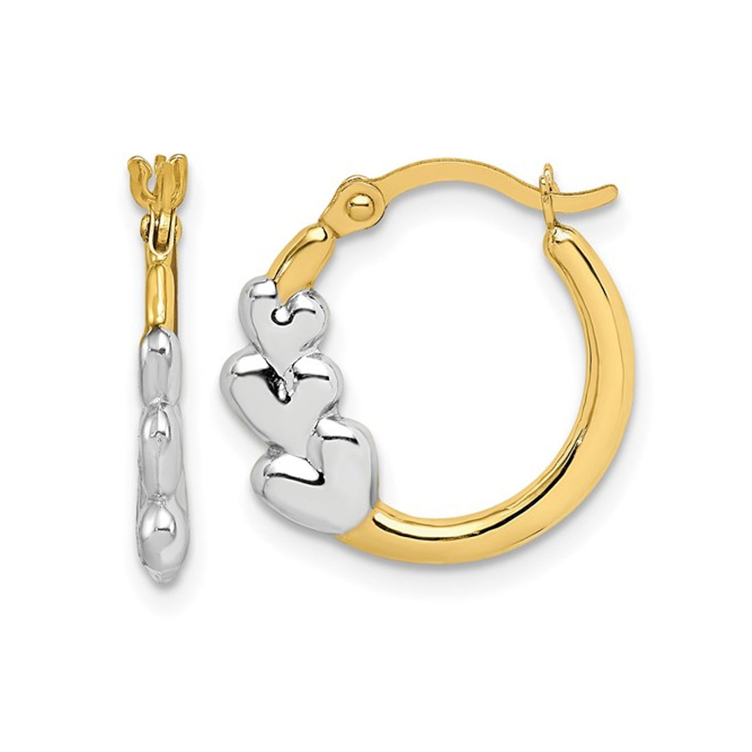 10K Yellow and White Gold Hollow Hoop Heart Earrings Image 1