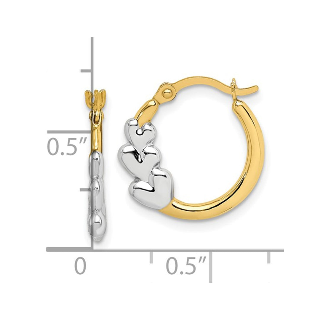 10K Yellow and White Gold Hollow Hoop Heart Earrings Image 3