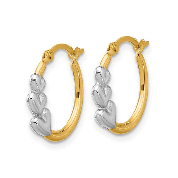 10K Yellow and White Gold Hollow Hoop Heart Earrings Image 4