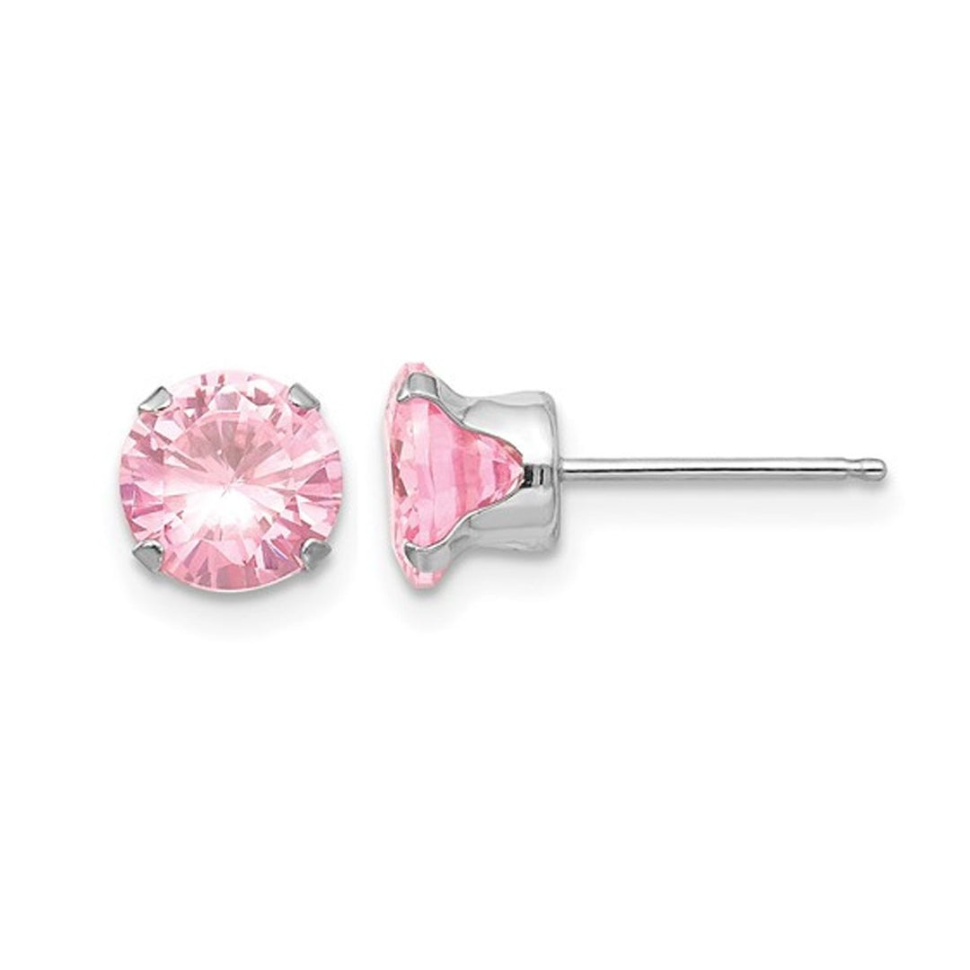 6.5mm Pink Cubic Zirconia (CZ) Solitaire Stud Earrings in 14K White Gold Image 1