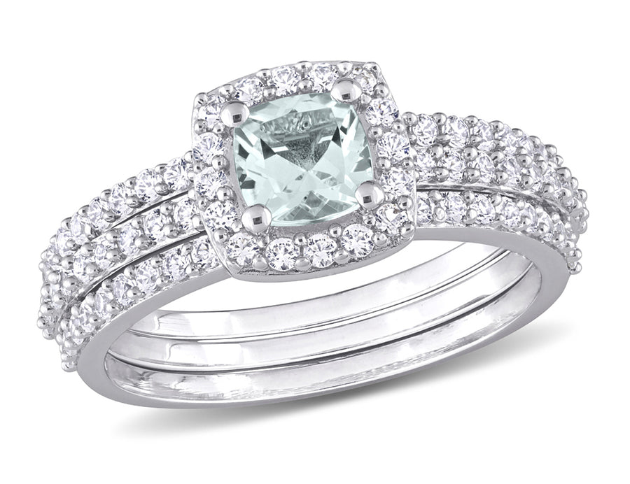 1.33 Carat (ctw) Aquamarine and Lab-Created White Sapphire Engagement Ring & Wedding Band Set Sterling Silver Image 1