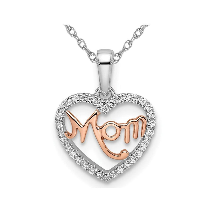 14K White and Pink Gold MOM Heart Pendant Necklace With Chain and Diamonds Image 1