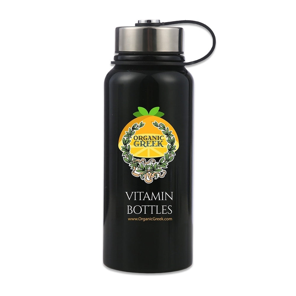 Organic Greek Sports Water Bottle - 28 Oz Leak Proof - Black Stainless Steel BPA Free Gym and Bottles For Men Women and Image 2