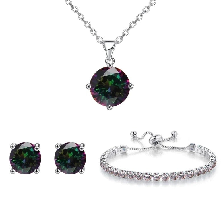18k White Gold 7 Ct Round Created Mystic Set Of Necklace Earrings And Bracelet Plated Image 1