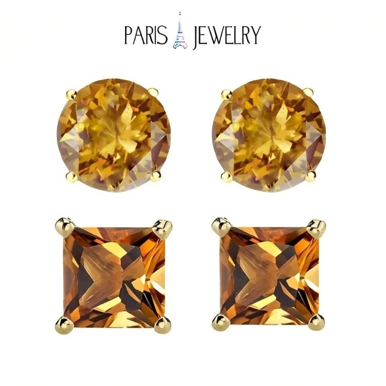 Paris Jewelry 18k Yellow Gold 2 Pair Created Citrine 4mm, 6mm Round & Princess Cut Stud Earrings Plated Image 1