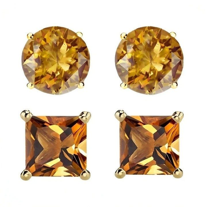 Paris Jewelry 18k Yellow Gold 2 Pair Created Citrine 4mm, 6mm Round & Princess Cut Stud Earrings Plated Image 2