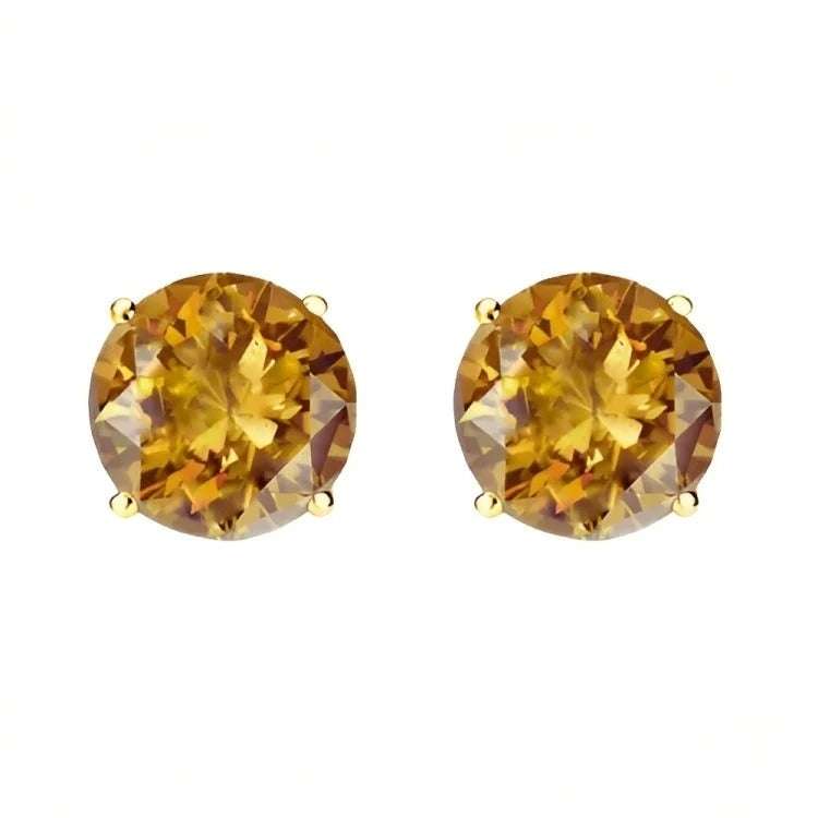 Paris Jewelry 18k Yellow Gold 2 Pair Created Citrine 4mm, 6mm Round & Princess Cut Stud Earrings Plated Image 3
