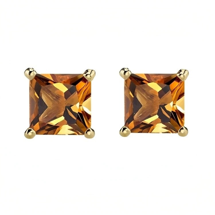 Paris Jewelry 18k Yellow Gold 2 Pair Created Citrine 4mm, 6mm Round & Princess Cut Stud Earrings Plated Image 4