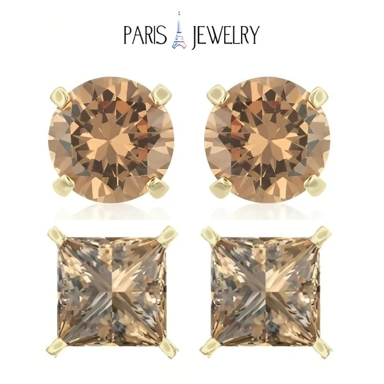 Paris Jewelry 18k Yellow Gold 2 Pair Created Champagne 4mm, 6mm Round & Princess Cut Stud Earrings Plated Image 1
