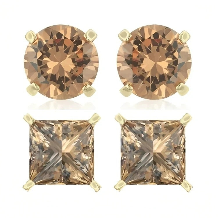 Paris Jewelry 18k Yellow Gold 2 Pair Created Champagne 4mm, 6mm Round & Princess Cut Stud Earrings Plated Image 2