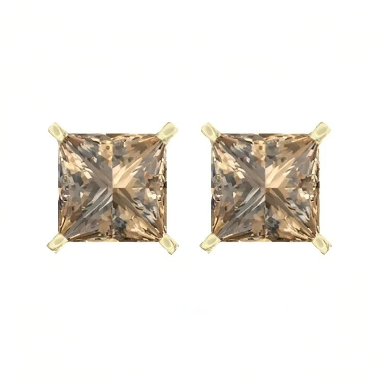 Paris Jewelry 18k Yellow Gold 2 Pair Created Champagne 4mm, 6mm Round & Princess Cut Stud Earrings Plated Image 4