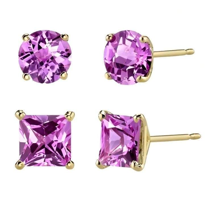 Paris Jewelry 18k Yellow Gold 2 Pair Created Tourmaline 4mm 6mm Round and Princess Cut Stud Earrings Plated Image 2