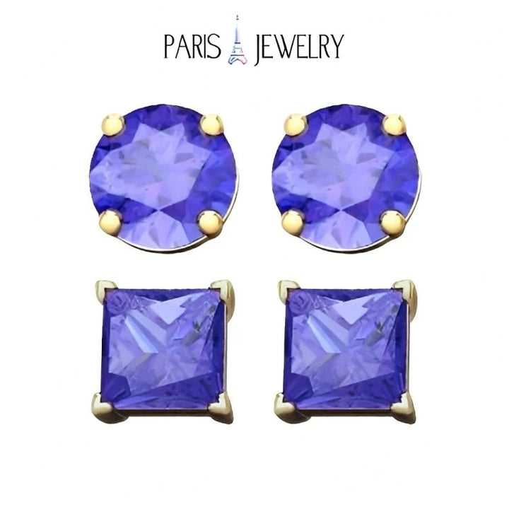 Paris Jewelry 18k Yellow Gold 2 Pair Created Tanzanite 4mm, 6mm Round & Princess Cut Stud Earrings Plated Image 1