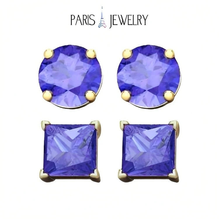 Paris Jewelry 18k Yellow Gold 2 Pair Created Tanzanite 4mm 6mm Round and Princess Cut Stud Earrings Plated Image 1