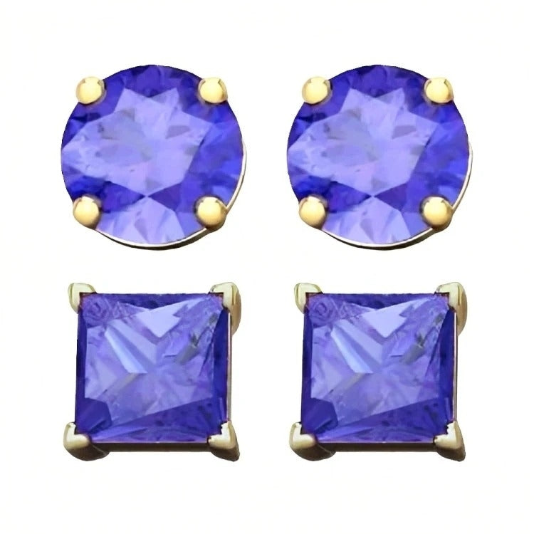 Paris Jewelry 18k Yellow Gold 2 Pair Created Tanzanite 4mm, 6mm Round & Princess Cut Stud Earrings Plated Image 2