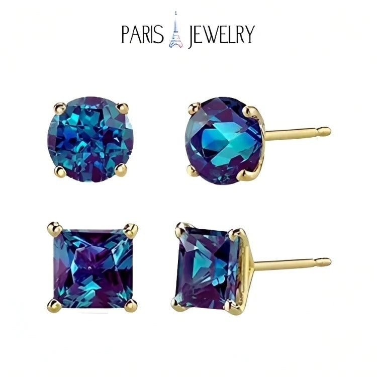 Paris Jewelry 18k Yellow Gold 2 Pair Created Alexandrite 6mm Round and Princess Cut Stud Earrings Plated Image 1