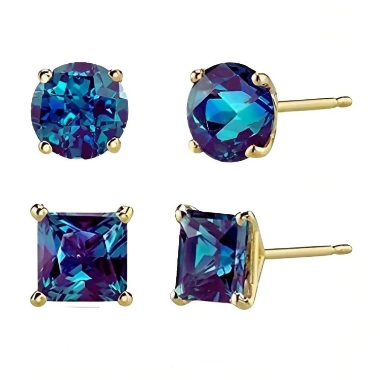 Paris Jewelry 18k Yellow Gold 2 Pair Created Alexandrite 6mm Round and Princess Cut Stud Earrings Plated Image 2