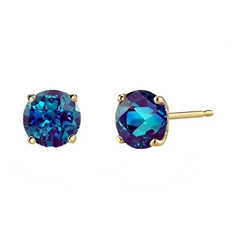 Paris Jewelry 18k Yellow Gold 2 Pair Created Alexandrite 6mm Round and Princess Cut Stud Earrings Plated Image 3