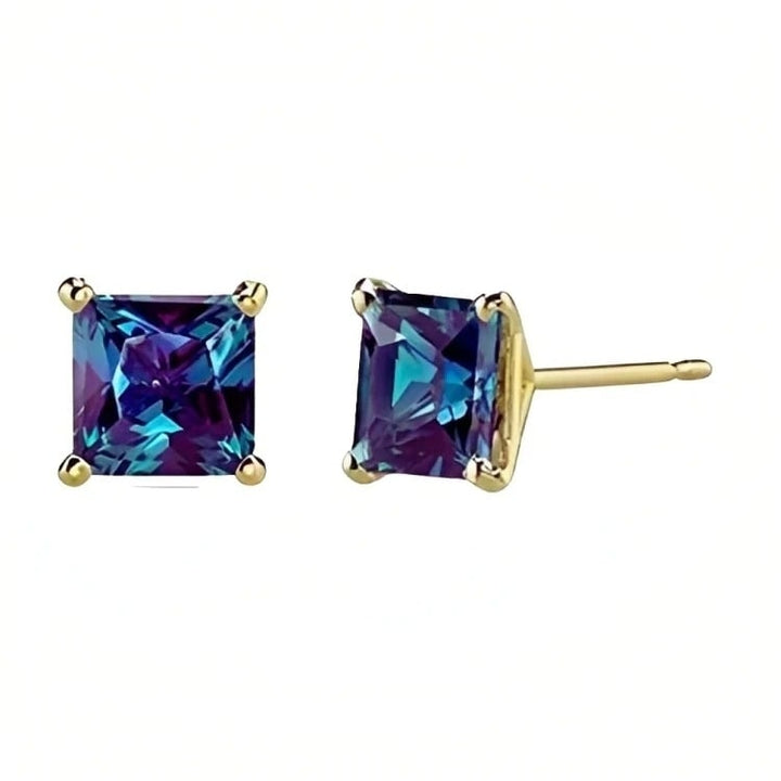 Paris Jewelry 18k Yellow Gold 2 Pair Created Alexandrite 6mm Round and Princess Cut Stud Earrings Plated Image 4