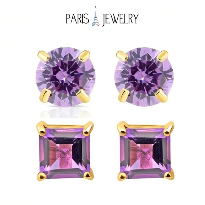 Paris Jewelry 18k Yellow Gold 2 Pair Created Amethyst 4mm, 6mm Round & Princess Cut Stud Earrings Plated Image 1