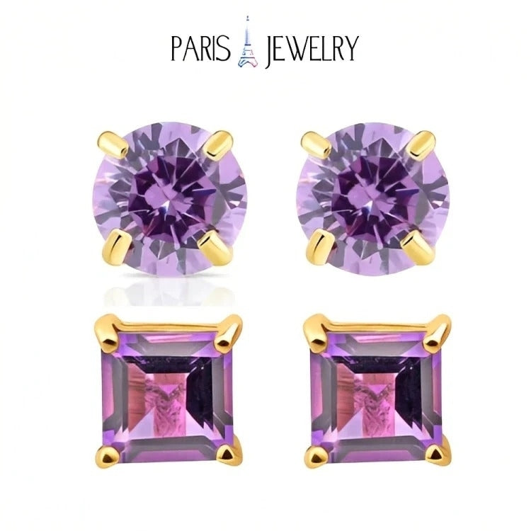 Paris Jewelry 18k Yellow Gold 2 Pair Created Amethyst 4mm 6mm Round and Princess Cut Stud Earrings Plated Image 1