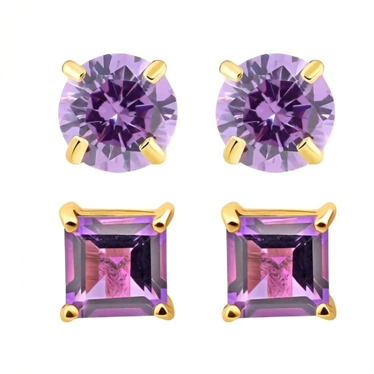 Paris Jewelry 18k Yellow Gold 2 Pair Created Amethyst 4mm, 6mm Round & Princess Cut Stud Earrings Plated Image 2
